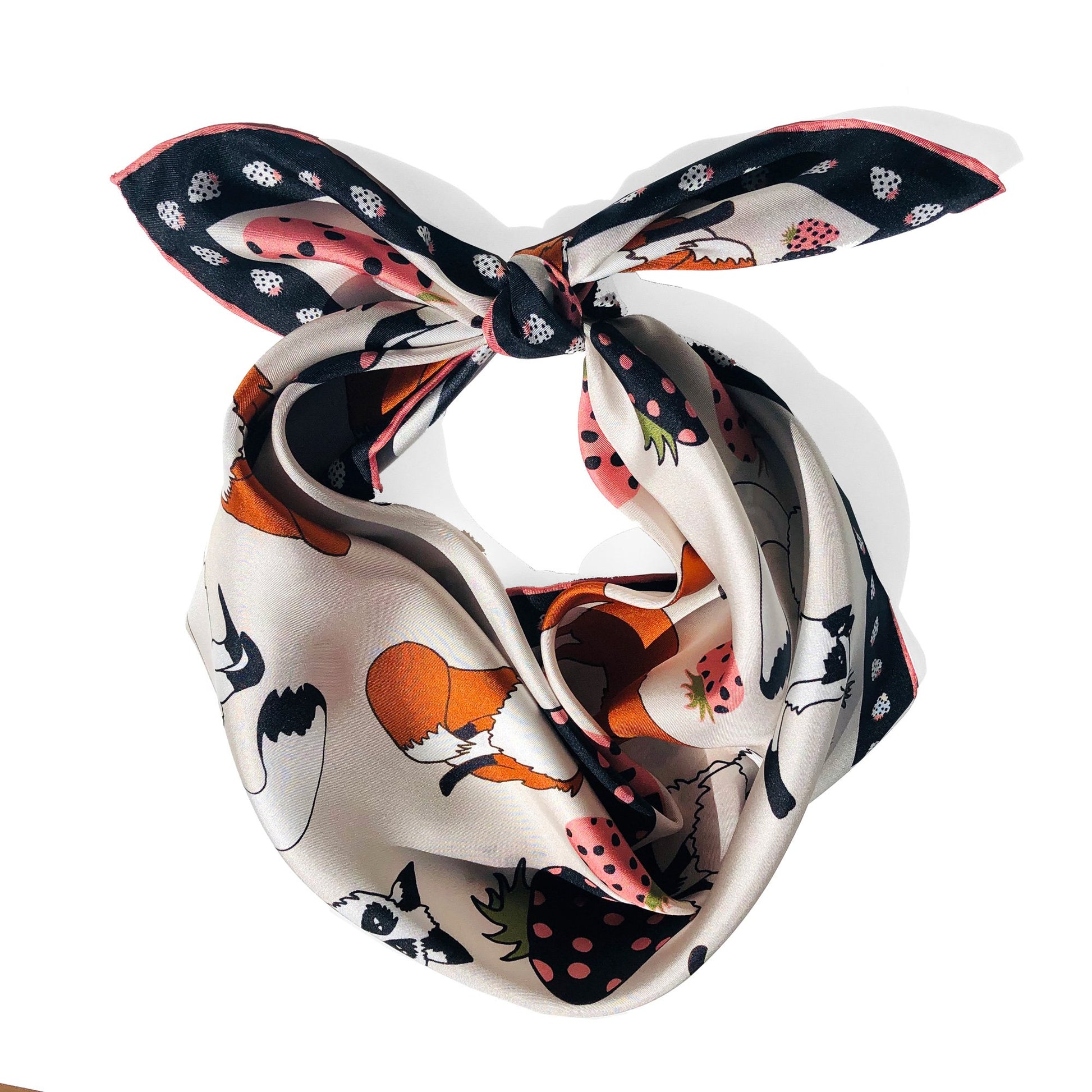 Tied up silk scarf with foxes and strawberries. 