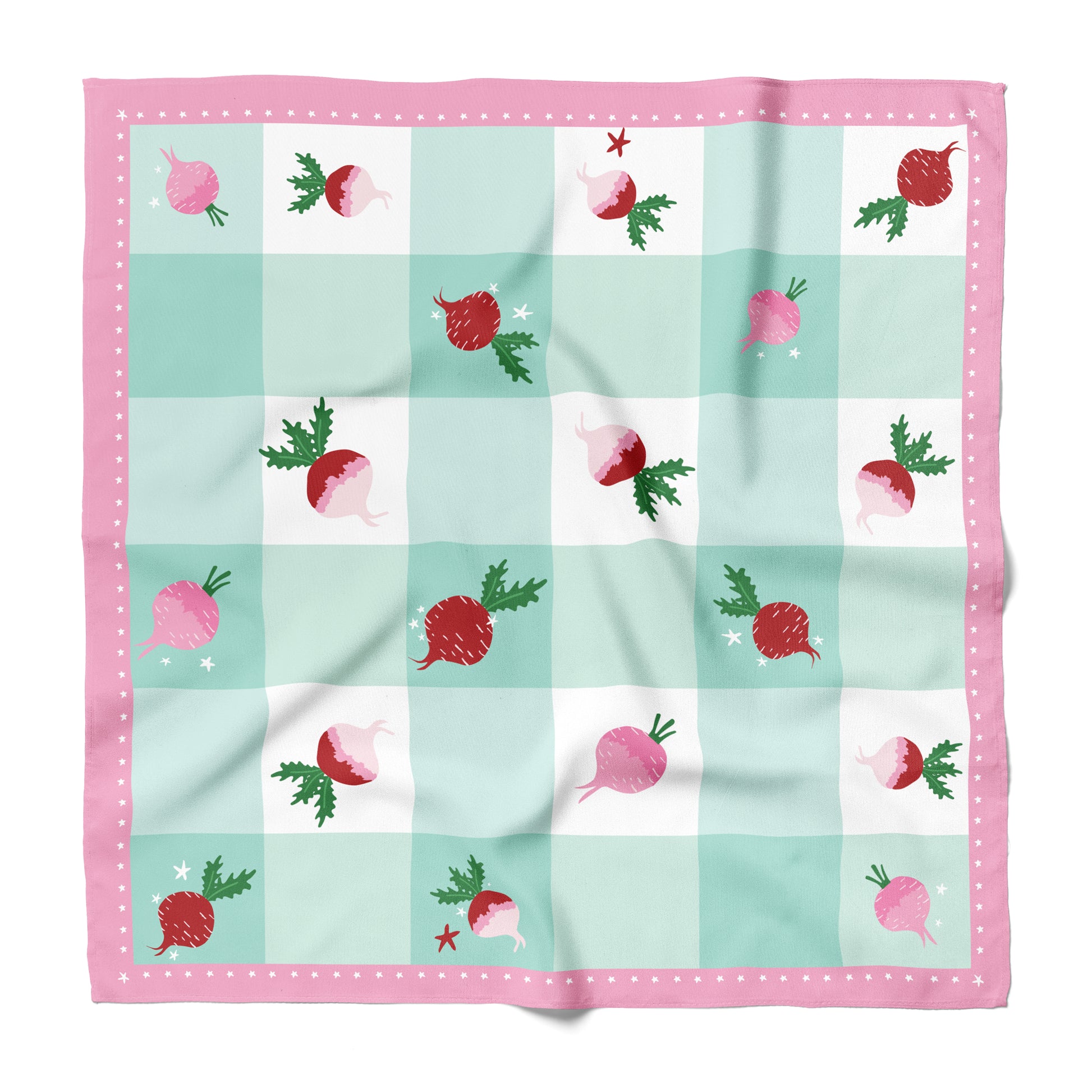 A gingham silk bandana with red radish and pink border.