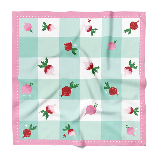 A silk bandana with red turnips and pink border.