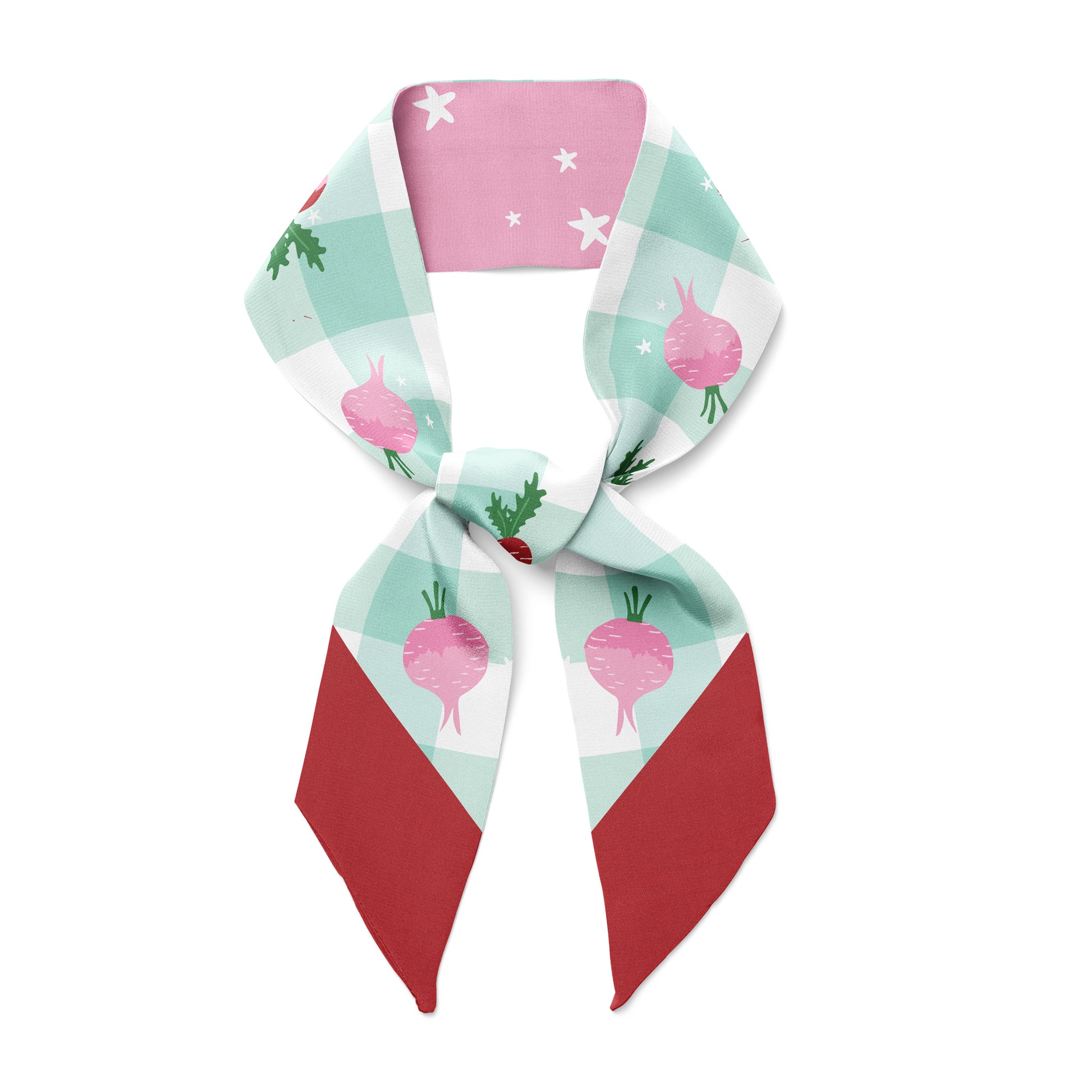 Pink and mint  gingham double sided twilly bow ribbon silk scarf  with white stars and radish