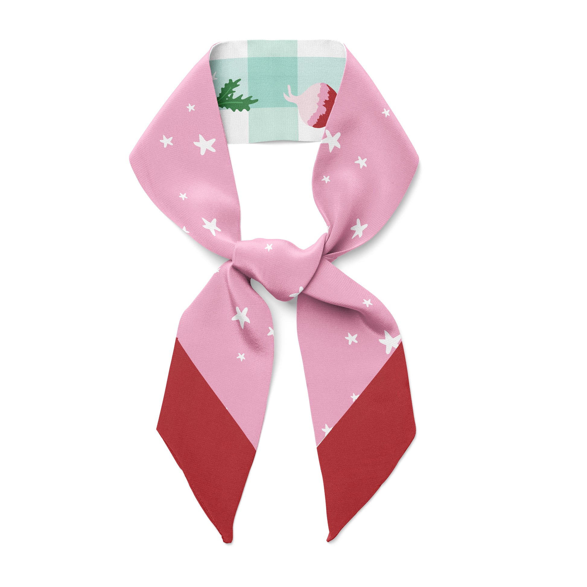 Pink and mint double sided twilly bow ribbon silk scarf  with white stars and radish