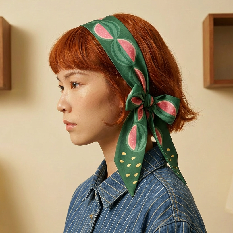 Woman wearing a green headscarf with pink watermelons, standing against a beige wall with wooden shelves.