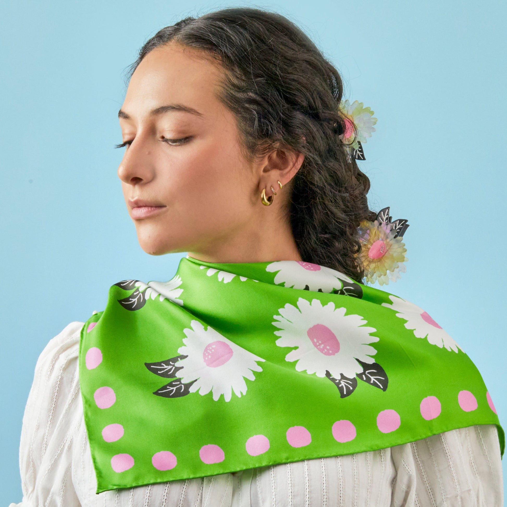 Floral and beauiful white flowers silk scarf in green, pink and black from centinelle