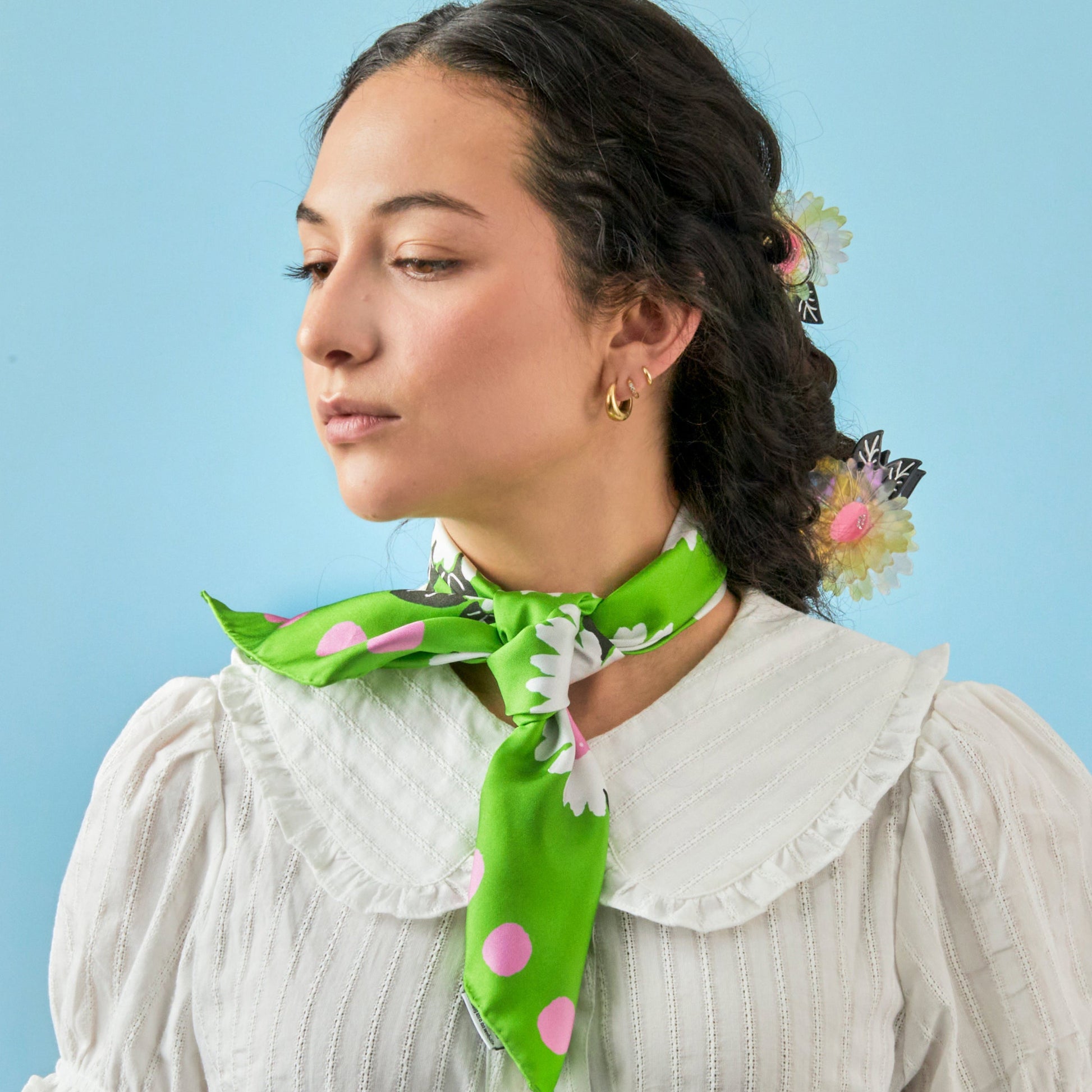 Floral and beauiful white flowers silk scarf in green, pink and black from centinelle