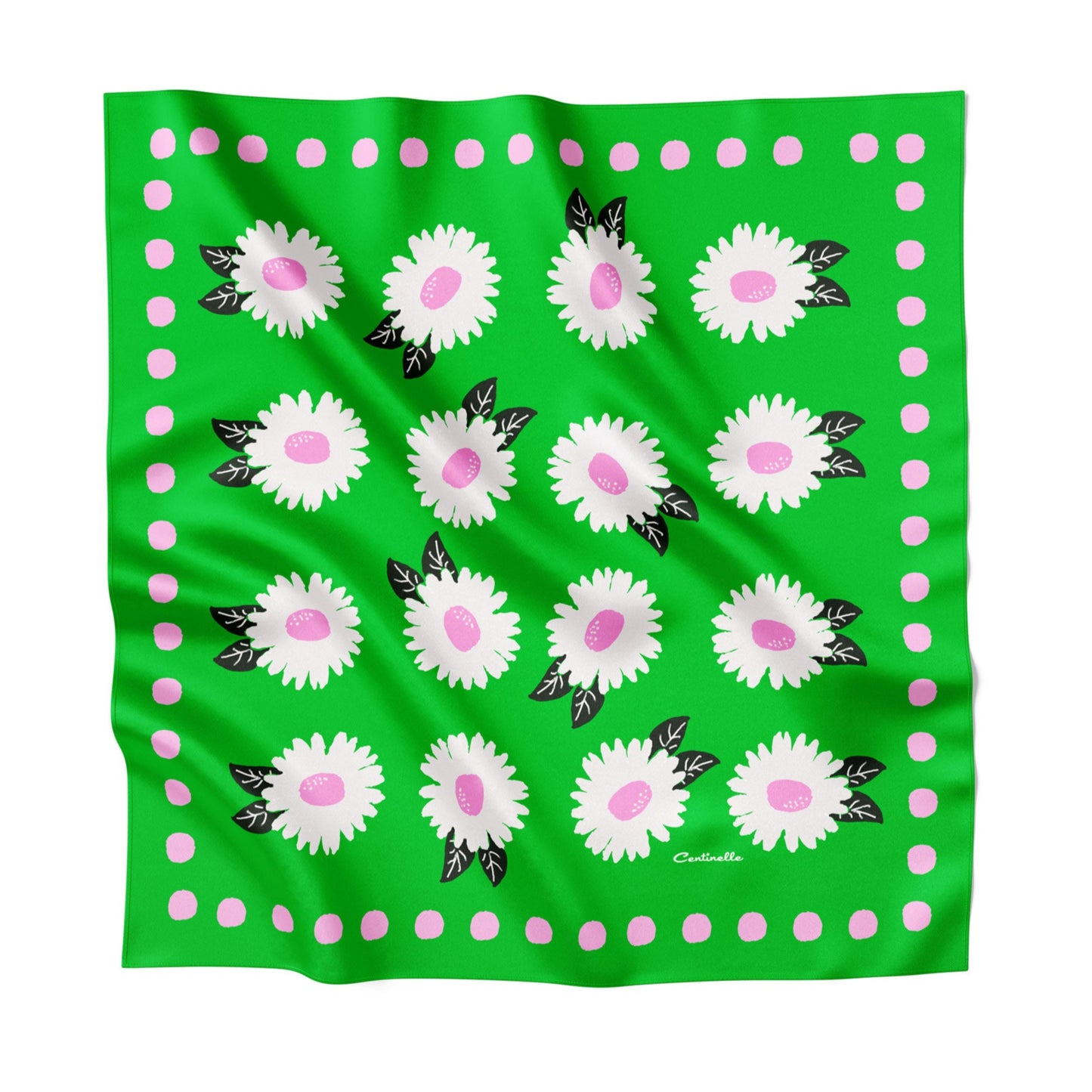 Floral and beauiful white flowers silk scarf in green, pink and black from centinelle