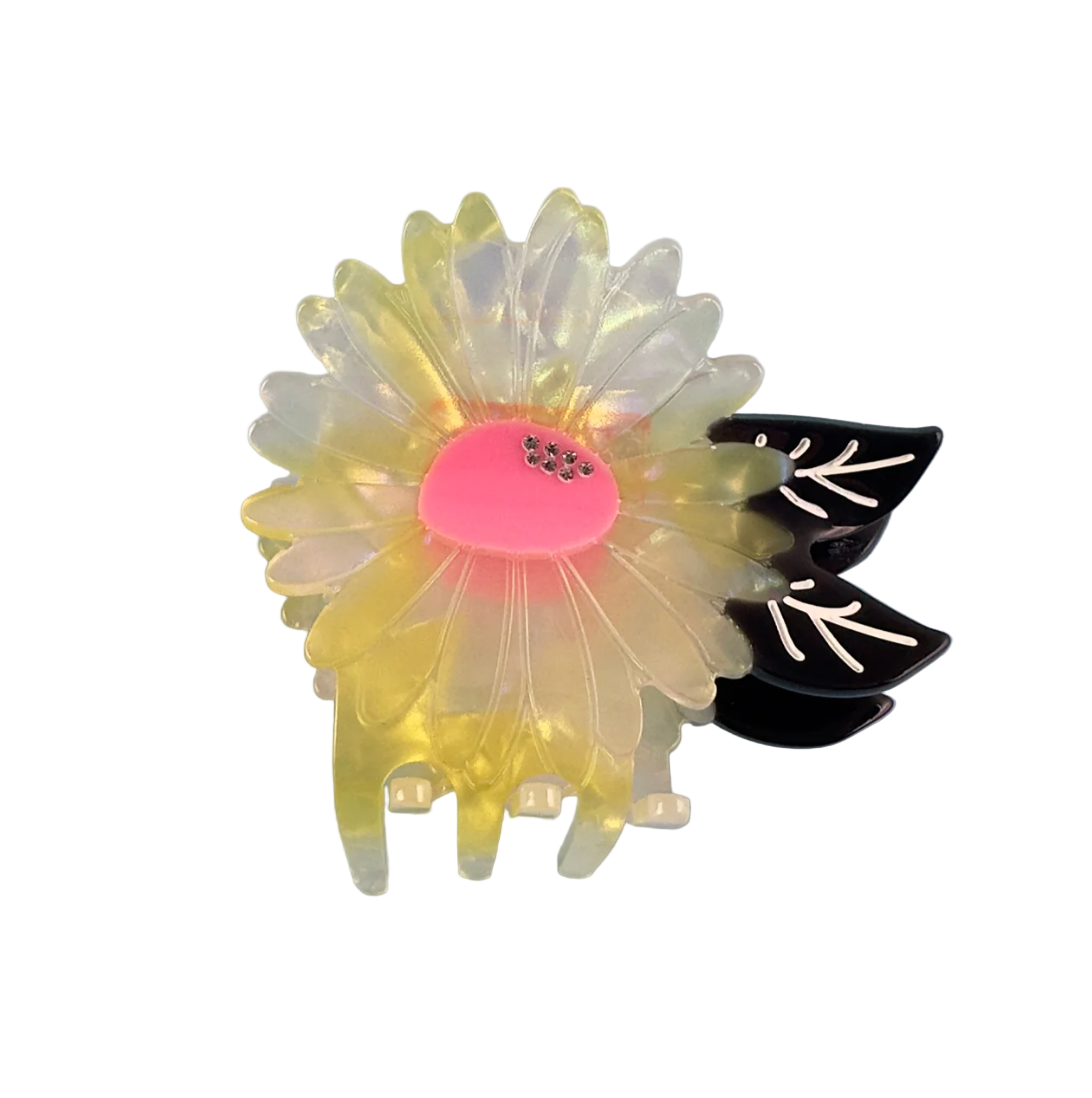 White and yellow flower  hair claw with black leaves from Centinelle