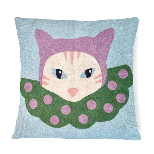 CAT CLOWN - Cotton Embroidered Cushion Cover - centinelle.
